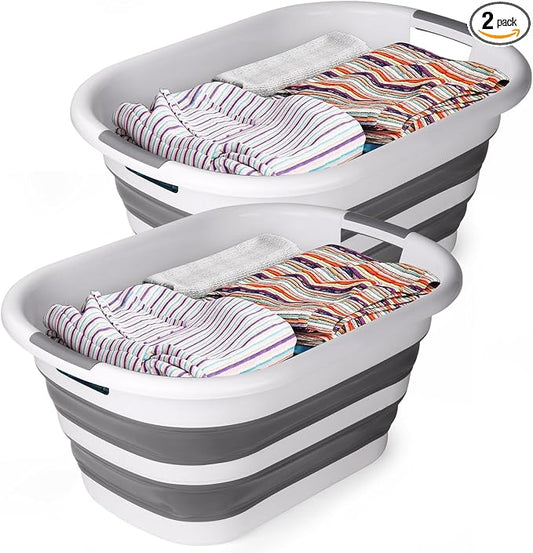 2 Pack Collapsible Laundry Basket 40L(10.5 Gallon) – Plastic Foldable Pop-Up Clothes Hamper with Handles - Portable Washing Tub & Space Saving Organizer for Dorm, Bedroom & Bathroom by GameXcel