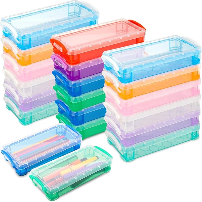 Gueevin 24 Pcs Large Capacity Plastic Pencil Box Clear Plastic Pencil Case Crayon Box with Snap Tight Lid Watercolor Pen Storage Brush Organizer Drawing Tools Container (Fresh Color) by Gueevin