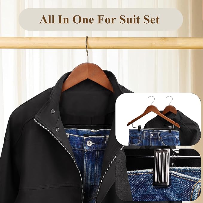 Wooden Hangers with Clips 24 Pack Wooden Pants Hangers,Skirt Hangers with Clips,Adjustable Heavy Duty Clip Hangers,Hangers for Pants,Jeans,Slacks,Shorts （Walunt） - Image 4