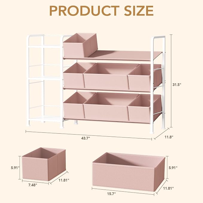 BBLIKE Kids Bookshelf and Toy Storage Organizer with 9 Removable Fabric Bins, Kids Book Shelf & Stuffed Animal Storage Rack for Playroom, Bedroom, Nursery, Pink - Image 3