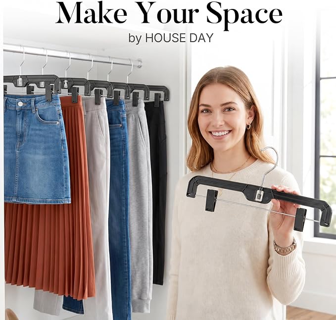 HOUSE DAY Black Pants Hangers with Clips 12 Pack, Plastic Skirt Hangers for Women, 14 Inch Clip Hanger for Pants, Skirts, Jeans, Shorts, Legging, with 360-degree Swivel Hook, 2 Adjustable Clips - Image 2