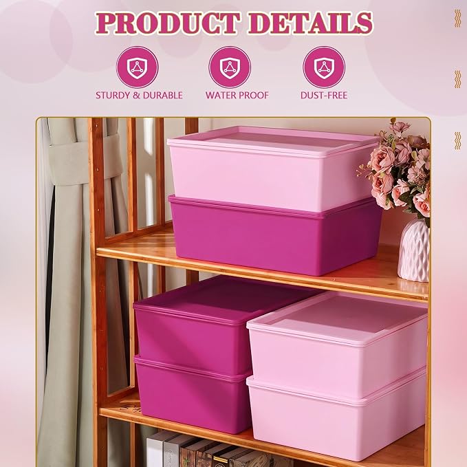 6 Pcs Pink Large Plastic Storage Bins with Lids | 14.4 x 10.4 x 5.1 Inch, Stackable Storage Containers, Decorative Cubby Organizer for Clothes Shelves Garage Closet Office - Image 3