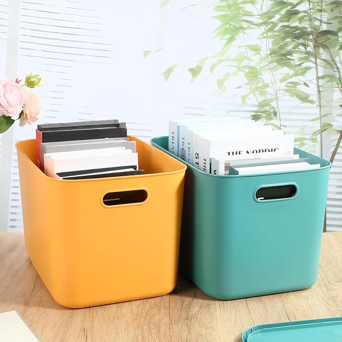 8 Pack Storage Bins, 14.2 X 10.2 X 9.5 Inch Green and Yellow | Plastic Stackable Containers with Lid Handle, For Shelves Desktop Playroom Office, Organizing Toys Books Supplies Storage - Image 4