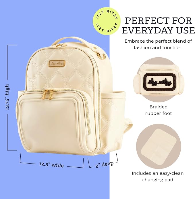 Itzy Ritzy Mini Diaper Bag Backpack – Chic, Compact Mini Plus Backpack with Changing Pad, 10 Pockets (6 Internal, 4 External), Grab-Top Handle & Rubber Feet (Milk & Honey) - Image 4