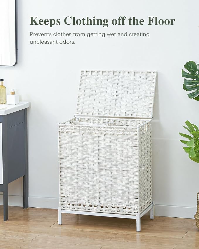 SETVSON Laundry Hamper with Lid, 112 L Handwoven Rattan, Cloud White | 2-Section Large Basket, 2 Removable Liner Bags, 3.34-In Heightened Metal Feet, 6 Mesh Laundry Bags, Side Handles - Image 3