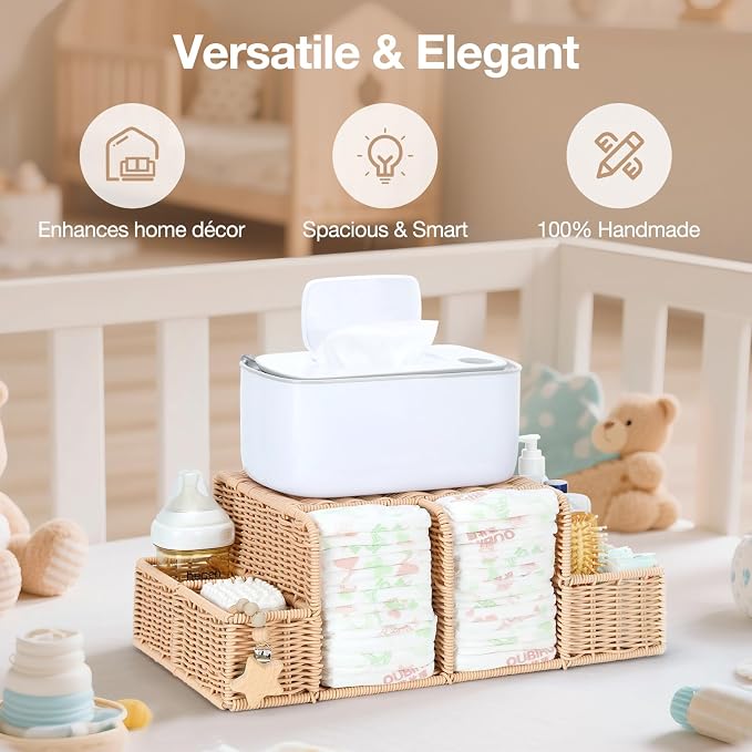 Diaper Caddy Organizer, Hand Rattan Nursery Storage Basket for Baby Essentials, Baby Changing Table Organizer Perfect Nursery Assistant - Image 2