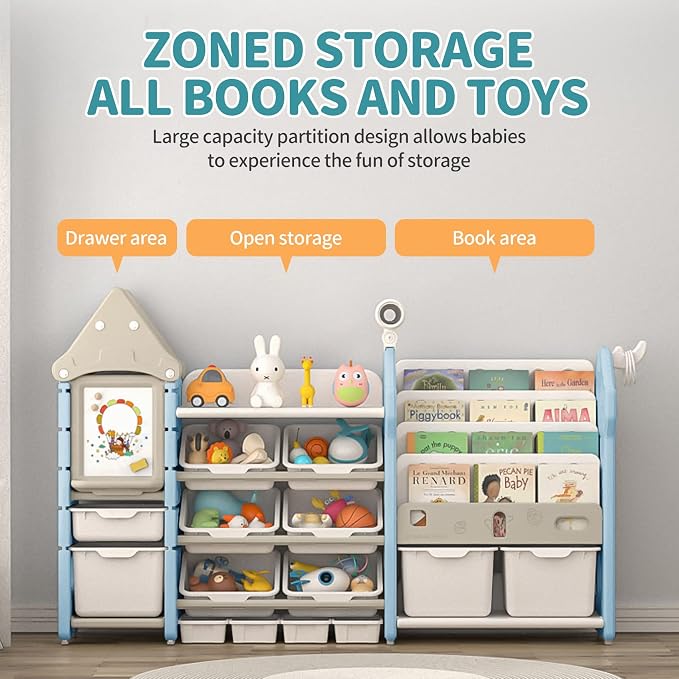Kids Toy Storage Organizer with Bookshelf, 14-Bin Playroom Organizer and Bookcase, HDPE Toddler Storage Shelf with Drawing Board, for Nursery, Bedroom and Playroom (White & Blue) - Image 4