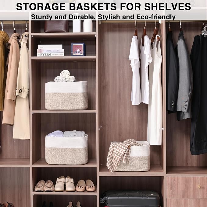 Storage Baskets for Organizing, Woven Storage Baskets for Shelves, Toy Storage Baskets for Kid's Room, Towel Baskets for Bathroom Nursery, 14.8"×11"×9.5", Pack of 3, Off White & Brown - Image 3