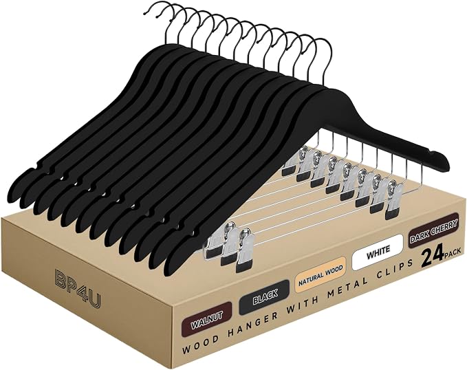 Wooden Hangers with Adjustable Metal Clips, 24-Pack, Black | Solid Wood Hangers with 360° Rotatable Hook for Skirt, Dress, Coats, Jacket and Pants, Space-Saving and Non-Slip Design by BP4U%E2%84%A2