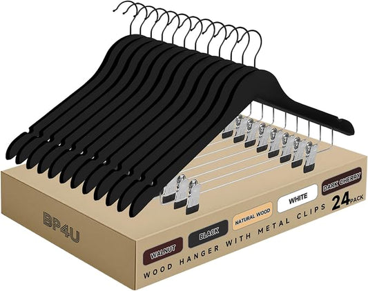 Wooden Hangers with Adjustable Metal Clips, 24-Pack, Black | Solid Wood Hangers with 360° Rotatable Hook for Skirt, Dress, Coats, Jacket and Pants, Space-Saving and Non-Slip Design by BP4U%E2%84%A2