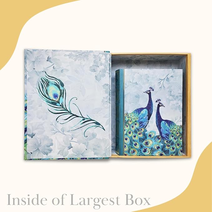 Punch Studio Decorative Storage Boxes with Lids | Nested Book Style Set of 3 Coated Cardboard Keepsake Box for Photos Documents Gifts Home Organization, 11” x 13.5” – Emerald Peacock - Image 5