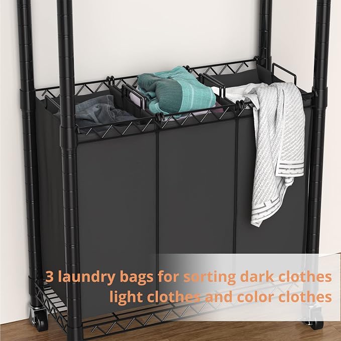 Hodonas Rolling Laundry Basket with Wheels and Hanging Bar, Black | 3 Section, with 3 Removable Bags, with 2 inches Wheels, Suitable for Storing Clothes in Laundry Bedroom Bathroom - Image 6