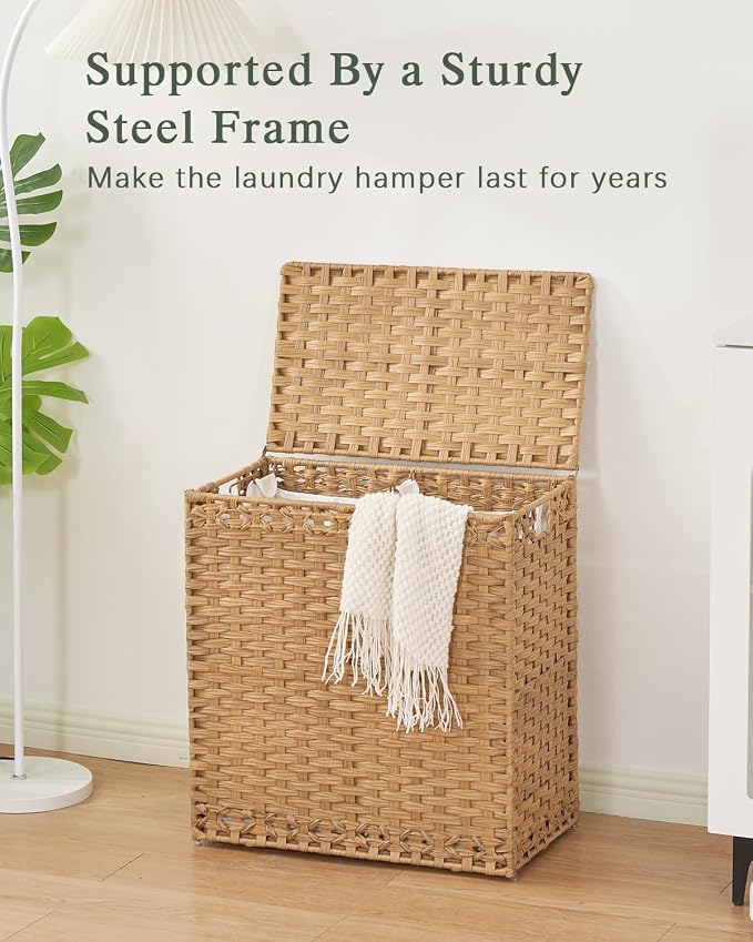 SETVSON Laundry Hamper with Lid Wicker Laundry Basket 112L, Natural | Large Family Clothes Sorter Trunk with Lid, 3 Compartment Washable Liners, 6 Mesh Bags, Collapsible Steel Frame - Image 8