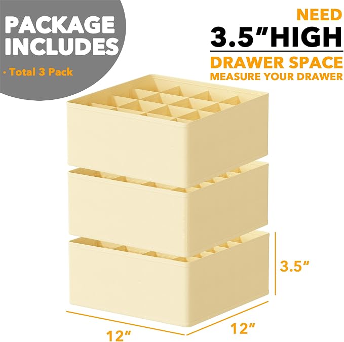 SpaceAid Sock Drawer Organizer Divider 3 Pack, 64 Cell Dresser Closet Nursery Underwear Organizers Storage Bins for Organizing Socks Underwear Ties Belts (Beige) - Image 4