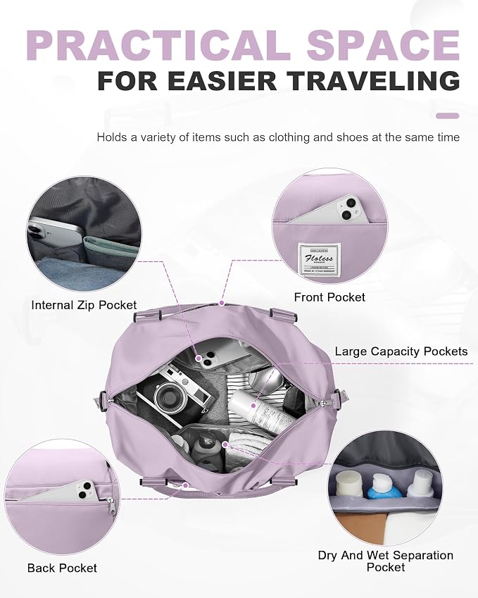 Travel Duffel Weekender Bag Women Tote Carry On Bags With Shoe Compartment | 18x14x8 inches Travel Overnight Bags with Trolley Sleeve for Airplanes Sport Tote Gym for Men Lightweight Daypack Purple - Image 3