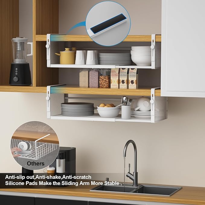 AmonHouseware 2Pack Expandable Under Shelf Storage Basket Organizer, White | Adjustable Hanging,Length Stretchable14.9-22.6Inch,Under Cabinet Shelf for Laundry Room Kitchen Pantry Desk Counter Cupboard - Image 6