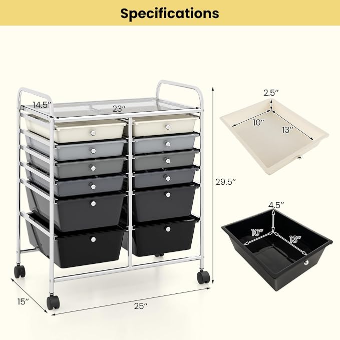 Giantex 12 Drawer Rolling Storage Cart Tools Scrapbook Paper Office School Organizer (Black Gradient) - Image 3