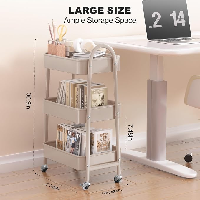 3 Tier Rolling Cart, Large Metal Storage Cart with Handle and Lockable Wheels, Big Multifunctional Storage Organizer Trolley with Mesh Baskets for Kitchen, Living Room, Office, Garage (Beige) - Image 2