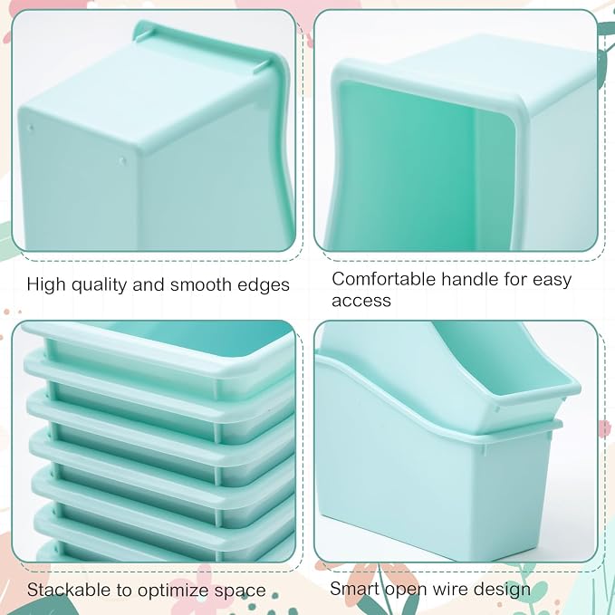 Geetery 6 Pcs Book Bin for Classroom with Labels Stackable Plastic Organizing Bins 11.5 x 5.4 x 7.5 in Book Holders Storage Bins Box Baskets for Classroom Library Home (Teal Color) - Image 3