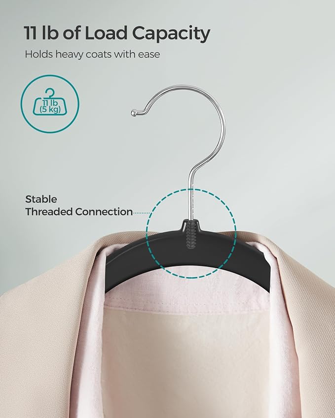 SONGMICS Plastic Clothes Hangers, Pack of 50, Non-Slip, Space-Saving | 0.2 Inches Thick, 17.7 Inches Wide, 360° Swivel Hook, Black, BREANNA Collection UCRP50B - Image 3