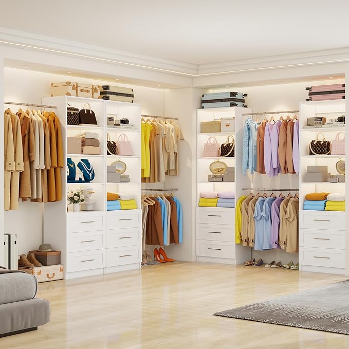 Fastgo Closet System with Drawers, 5-9FT Closet Organizer System with 4 Expandable Rods & Adjustable Shelves for Walk in Closet, 96” Built in Closet System Tower, Small Closet Storage System, White - Image 7