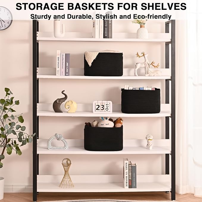Storage Baskets for Organizing Shelves, Woven Cotton Rope Bins for Organization, Dog Toy Organizer for Shelf Living Room Bedroom, 14.8"×11"×9.5", Pack of 3, Black - Image 3