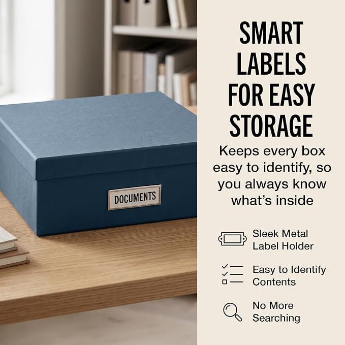 Bigso Oskar Fiberboard Label Frame Document Letter Box - File Organizer Box for Important Paperwork - Document Storage with a Lid & Metal Label Window - 3.3 in x 10.2 in x 13.8 in - Dark Blue - Image 6