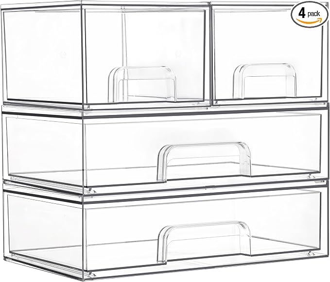 Vtopmart Clear Stackable Storage Drawers Set of 4, Plastic Organizer Bins | Multi-purpose Boxes for Bathroom Accessories, Beauty Supplies, Ideal for Cabinet, Shelf, Pantry, Laundry Room Organization by Vtopmart