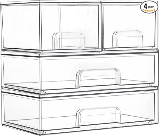 Vtopmart Clear Stackable Storage Drawers Set of 4, Plastic Organizer Bins | Multi-purpose Boxes for Bathroom Accessories, Beauty Supplies, Ideal for Cabinet, Shelf, Pantry, Laundry Room Organization by Vtopmart