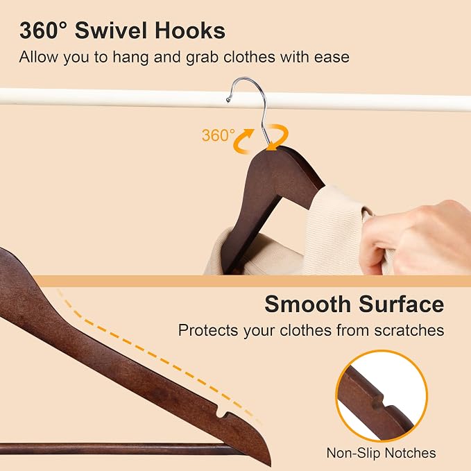 JupiterForce Wooden Clothes Hangers 50 Pack, Non-Slip Wood Coat Hanger with 360° Swivel Hook, Heavy Duty Hangers for Coats, Shirts,Suits, Jackets, Dress, Pant(Brown) - Image 5