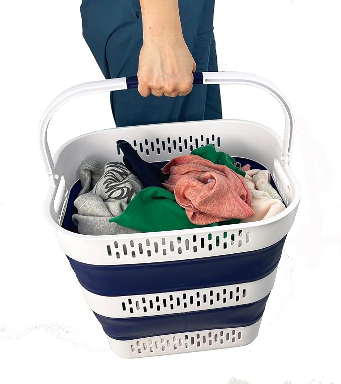 SAMMART 38L (10 Gallon) Collapsible Plastic Laundry Basket - Portable Pop-Up Storage Container/Organizer – Foldable Space Saving Laundry Hamper (2, White/Starry Blue) - Image 5