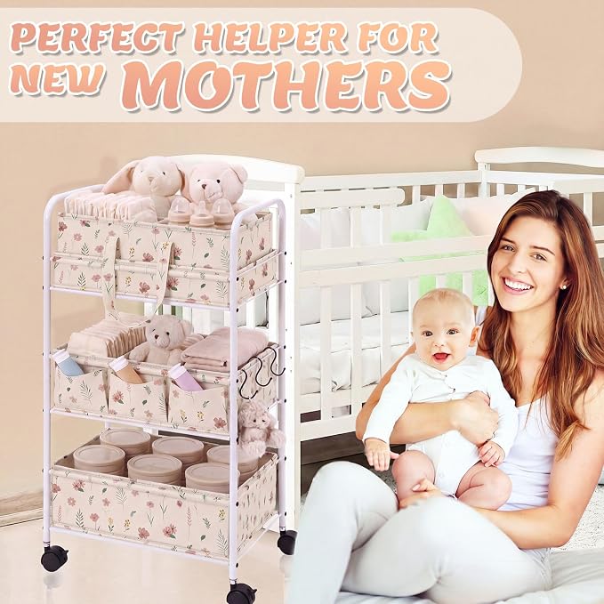 Yookeer 2in1 Baby Diaper Caddy Organizer Cart 3 Tier Large Capacity Metal Utility Bedside Rolling Cart with Divider Newborn Registry Gift Nursery Essential Must Have Bedroom Baby Shower(White,Flowers) - Image 5