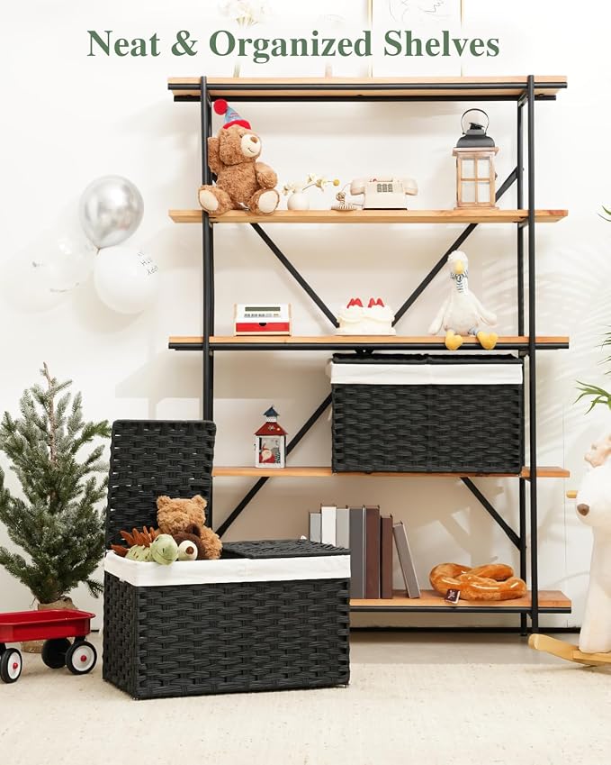 SETVSON Storage Basket with Lid PE Rattan Woven Storage Bins, 65L Black | 65L Storage Bin with 2 Separate Lids, 2 Removable Liner Bags with Divider, Sturdy Metal Frame, Foldable Side Handles - Image 3