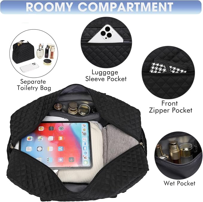 Large Travel Duffle Bags for Women: Weekender Bag with Shoe Compartment | Carry On Bag with Wet Toiletry Pocket & Wet Pocket for Overnight, Weekend, Hospital, Yoga, Business Trips, Sport, Gym, Black - Image 4