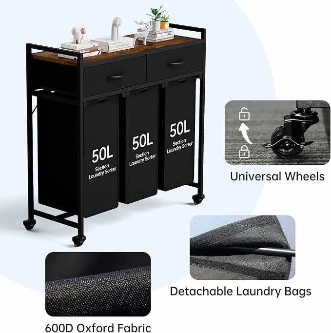 Laundry Sorter with 3 Section Pull Out Bags Rolling Laundry Basket Organizer with 2 Drawers Laundry Hamper with Shelves and Wheels for Laundry Room, Bathroom, Bedroom Organization (1 Tier) - Image 5