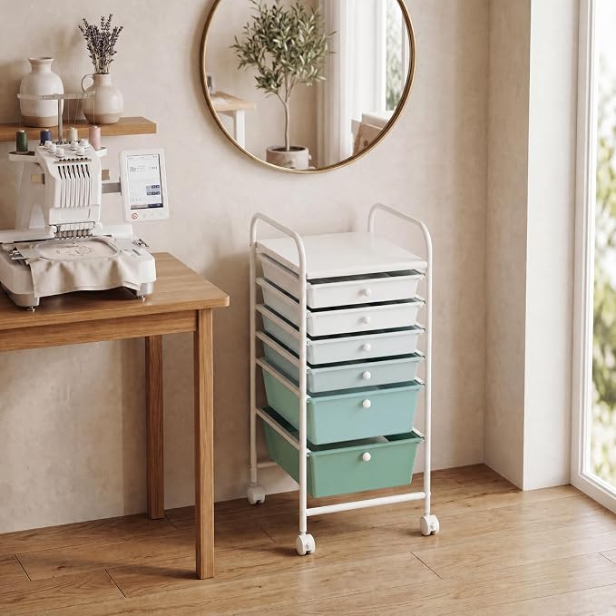 GOFLAME 6-Drawer Rolling Storage Cart, Multifunctional Art Craft Organizer Cart, Mobile Utility Storage Cart with Removable Drawers & Lockable Wheels, Craft Cart for Home Office, Green Gradient - Image 9
