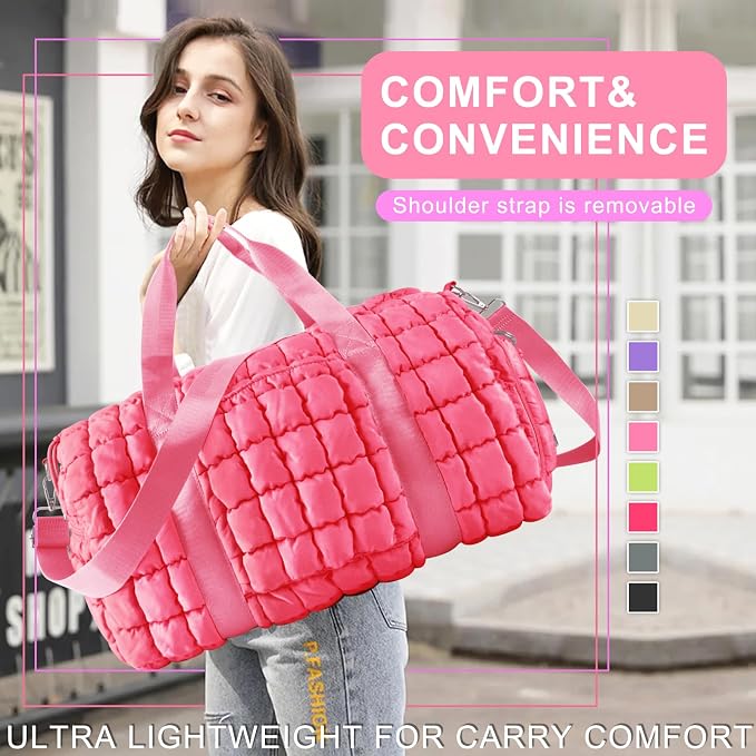 Quilted Travel Duffle Bag Gym Bag for Women,Large Puffer Duffle Weekender Bag with Compartment,Workout Overnight Carry on Organizer Bag Duffle Bag for Airplane Travel(Pink) - Image 8