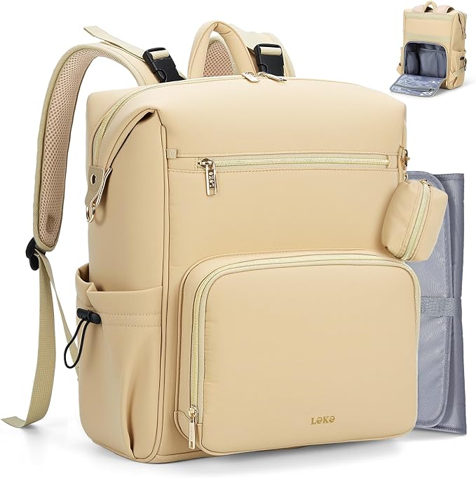 Lekesky Large Diaper Backpack with 16 Pockets, 1.52Lb Lightweight Durable Baby Bag, with Foldable Changing Pad & Pacifier Case, Anti-theft Pocket, Wipes Pocket, Easy to Clean, Khaki by LEKESKY