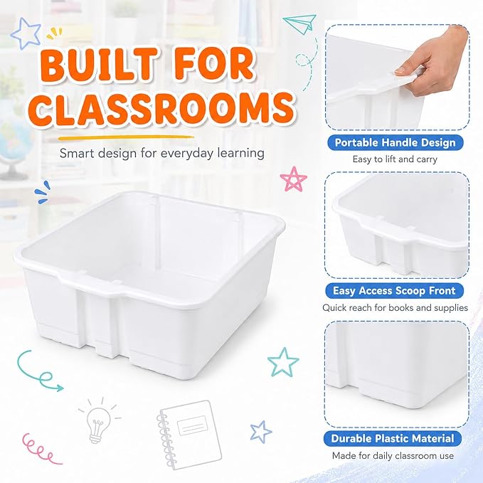 6 Pack Plastic Book Bins Stackable Classroom Cubby Organizer, White | Scoop Front Storage Bins, Cubby Bins with Handles for School Library Office Home Nursery Playroom Organization - Image 3