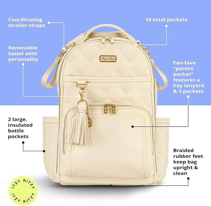 Itzy Ritzy Boss Plus Diaper Bag Backpack with 19 Pockets (Milk & Honey) | Large Diaper Bag Backpack Includes 2 Insulated Bottle Pockets, Changing Pad, Stroller Clips, Padded Straps, Travel-Ready - Image 5