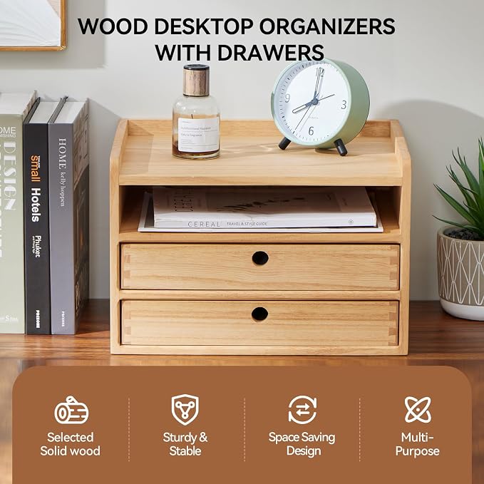 KIRIGEN Wooden Desk Organizer with 2 Drawers and Top Tray, Natural 3D2C-NA | Three-Tier Desktop Storage Cabinet Stores Papers, Office Supplies, Cosmetics, Crafts, and Small Accessories for Home Office - Image 6