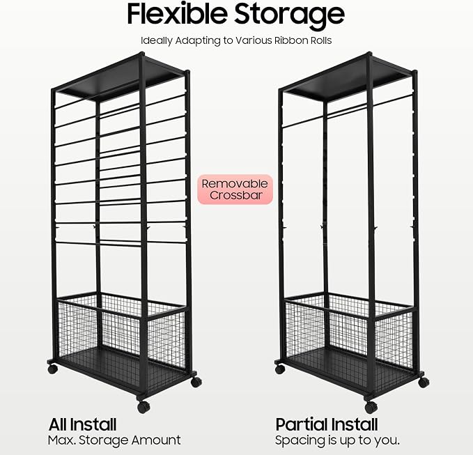 Ribbon Holder Organizer Rack, Double-Sided 16-Layer Ribbon Shelf with Wheel | Ribbon Display Rack, Multifunctional Metal Flower Wrapping Paper Storage Stand for Craft Room Flower Shop, Black - Image 4