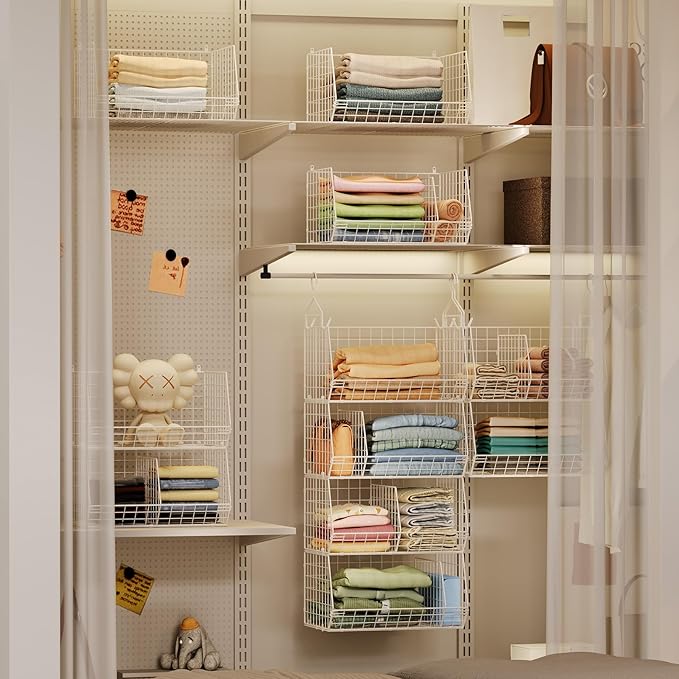 4 Tier Extra Large Hanging Closet Organizer ,Closet Organizer Hanging with 5 S Hooks 4 Dividers,Clothes Organizer Clothing Sweaters Clutches Handbags Hats Accessories-White - Image 2