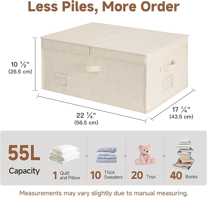 StorageWorks 55L Extra Large Fabric Storage Bins with Lid, Foldable Closet Organizer Boxes with Label and Handles, Decorative Storage Baskets for Clothing and Blankets, Natural Weave, 2-Pack - Image 6