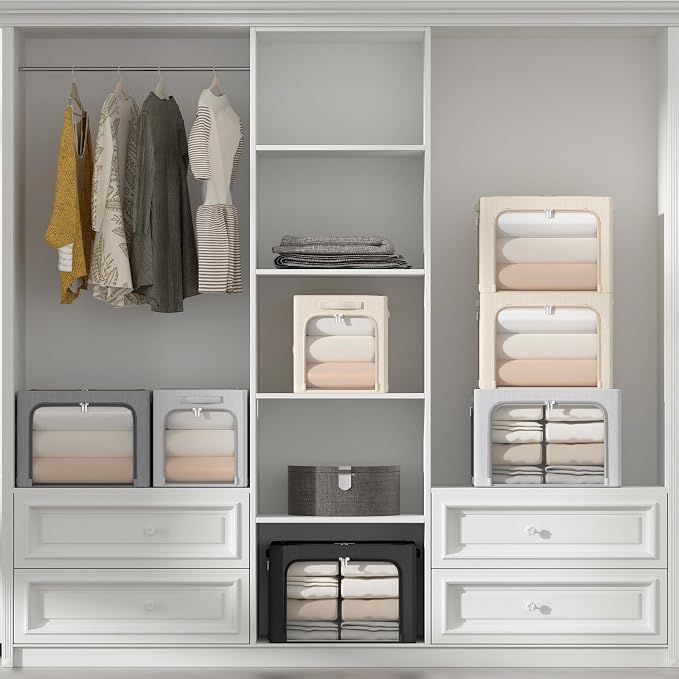 3 Openings Clothes Storage Bins Box - 3Pack Stackable Foldable Storage Bin - Metal Frame Storage Box Clothing Storage Organizer with Clear Window, Carry Handles (Drak Grey, 100L-23.6x16.5x15.7in) - Image 5
