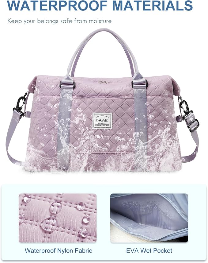 BAGAIL Travel Duffel Bag, Weekender Bags for Women, Overnight Gym Carry On Tote Bag with Wet Pocket, Hospital Mom Bag for Labor and Delivery - Grid-Purple - Image 4