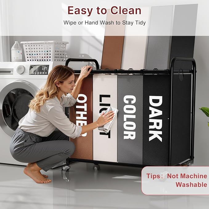 180L Laundry Sorter 4 Section with Lockable Wheels and Lid Multicolor | 4 Large Separate Removable Bag|Heavy Duty Rolling Laundry Basket|Laundry Hamper Cart for Laundry Room Organizer - Image 7