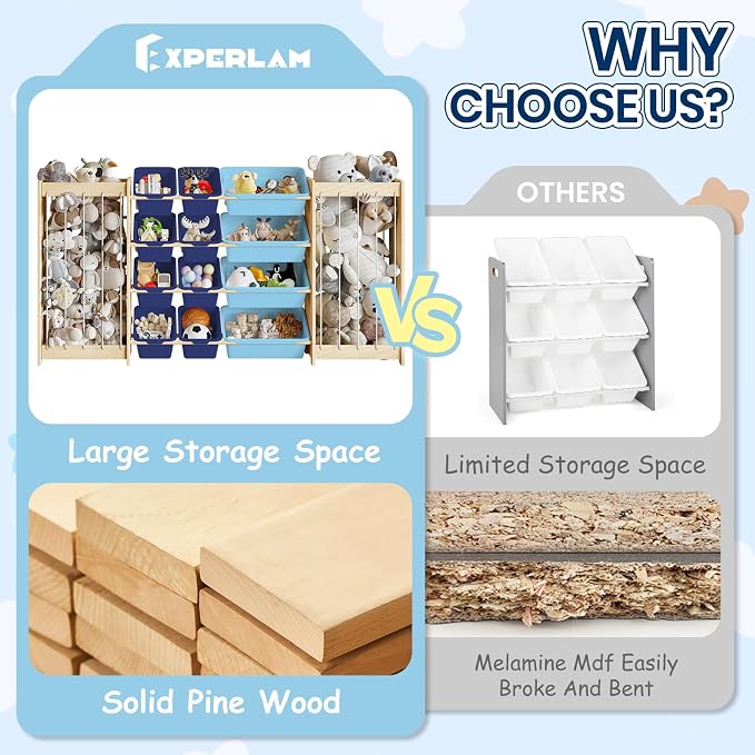 EXPERLAM Large Toy Storage Organizer, Wooden Stuffed Animal Storage & 12-Bins Toy Organizer, Double-Sided Plush Toy Holder Featuring Thicker Ropes, Space Save Bedroom Nursery Playroom Storage, Blue - Image 6