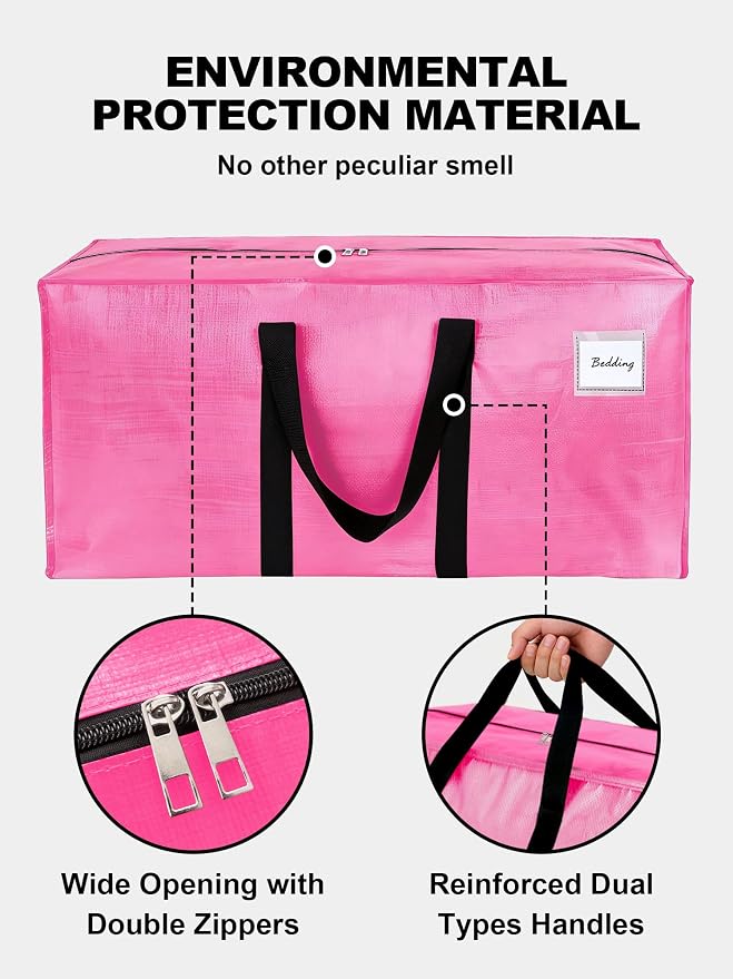HOMESURE Supports 200lbs Heavy Duty Moving Bags - Strong Zipper & Wrap-Around Handles - Water-Resistant Storage Totes, Durable Alternative to Moving Boxes - 4 Pack - Pink - Image 7