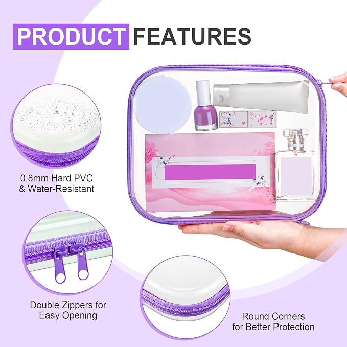 Sanwuta 6 Clear Hard Zipper Case,Purple,9.84 X 7.87 X 2 Inch | Pencil Case Pouches ,Makeup Bag,Plastic Toiletry Diaper Bag ,Travel Toy Storage,Waterproof Organizer Bins - Image 3